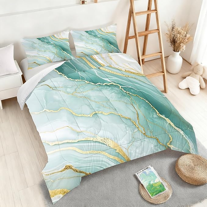 Mint Green Marble Comforter Set Twin Size, Watercolor Marbled Bedding Set for Girls Boys Kids Women, Green and Gold Bedroom Decor, Soft Turquoise Bed Set with 1 Comforter and 1 Pillowcase