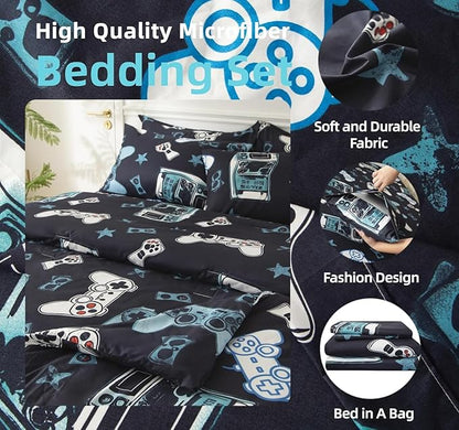 SDY 7PCS Full Gaming Console Comforter & Sheet Set，Soft Cute Gamer Microfiber Bedding for Kids, Boys & Toddlers Room Decor, Includes 1 Comforter, 1 Flat&Fitted Sheet, 2 Pillowcases & 2 Pillow Shams