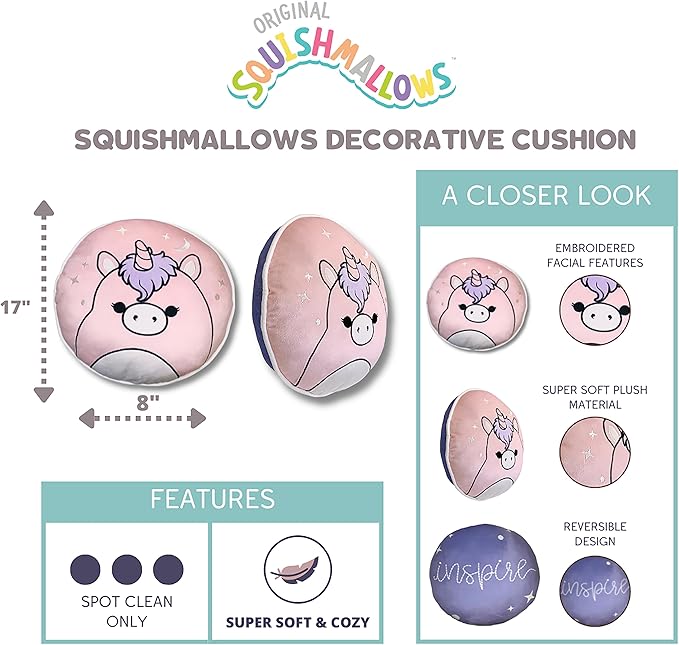 Squishmallows Super Soft Decorative Cushion, (Official Squishmallows Product), 8 Inches Round, Polyester Fill by Franco