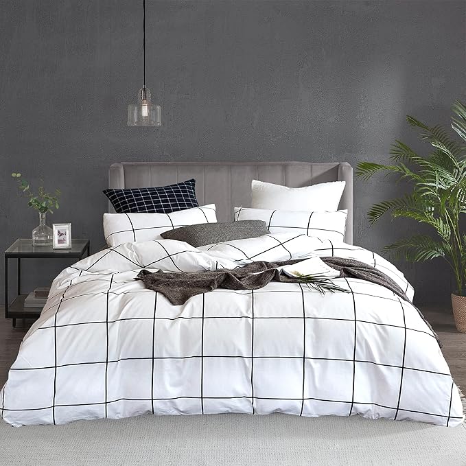 KAREVER White Grid Comforter Set Big Grid Bedding Set King White Black Plaid Printed Stripes Women Checkered Comforters Bedding White Plaid King Comforter