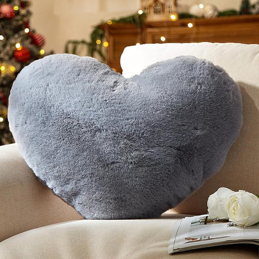 YRXRUS Heart Pillow, Grey Heart Pillows, Love Pillow Gifts, 14X17 Inch Large Heart Shaped Pillows, Faux Rabbit Fur Coquette Room Decor Throw Pillows, Living, Bedroom, Indoor Outdoor