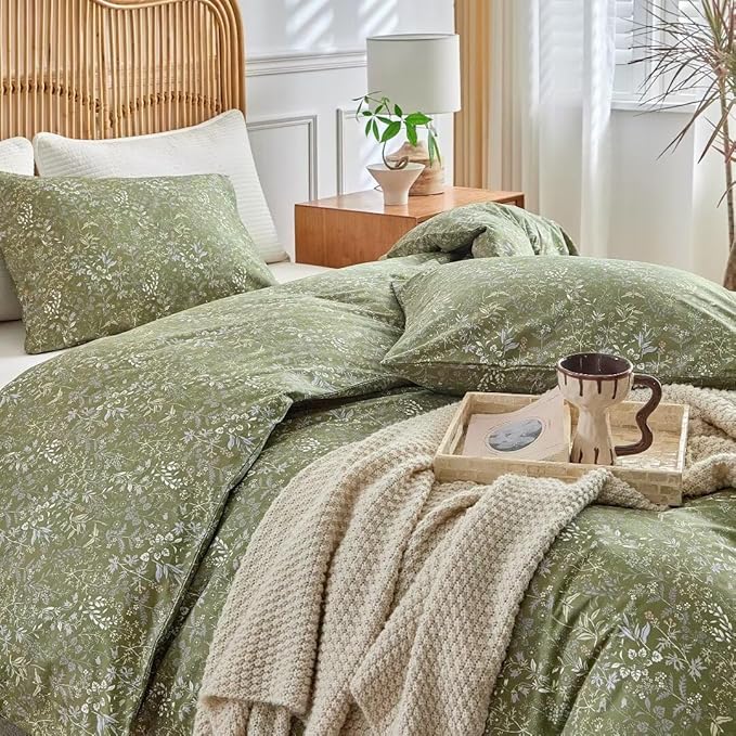MKXI Vintage Style Comforter Set Full Size Wildflower Comforter Set Floral Bedding Set Green Floral Duvet Comforter Microfiber Bed Set Soft Reversible Farmhouse Comforter Army Green