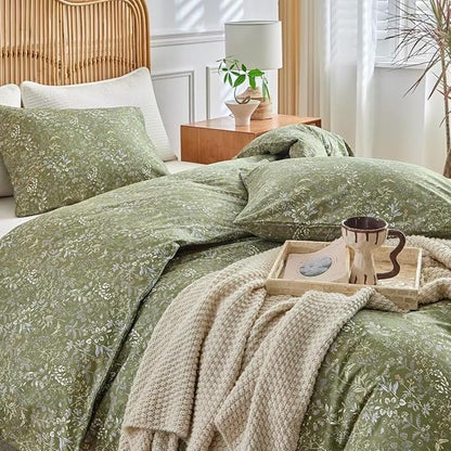 MKXI Vintage Style Comforter Set Full Size Wildflower Comforter Set Floral Bedding Set Green Floral Duvet Comforter Microfiber Bed Set Soft Reversible Farmhouse Comforter Army Green