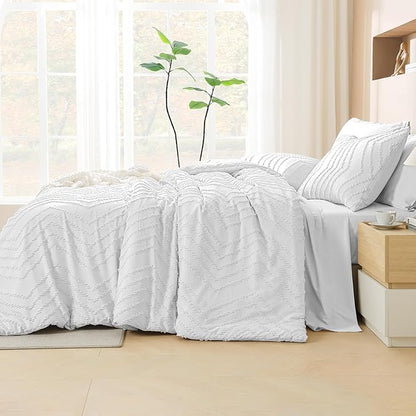 Litanika White Comforter Full Size Set with Sheets - 7 Pieces Boho Bed in a Bag Chevron Tufted Complete Bedding Sets Lightweight All Season Bed Set with Comforter, Sheets, Pillowcases & Shams