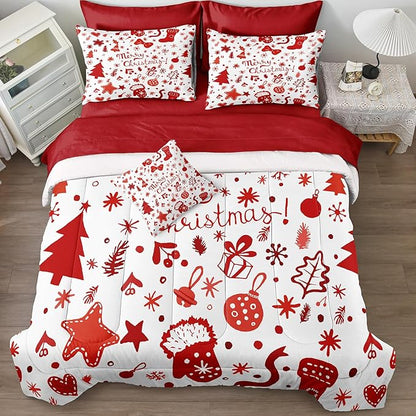 Merry Christmas Comforter Queen White Red Bedding Set Cute Christmas Tree Gift Xmas Stocking Pattern Snowflake Winter Theme Boys Girls Holiday Bed in A Bag