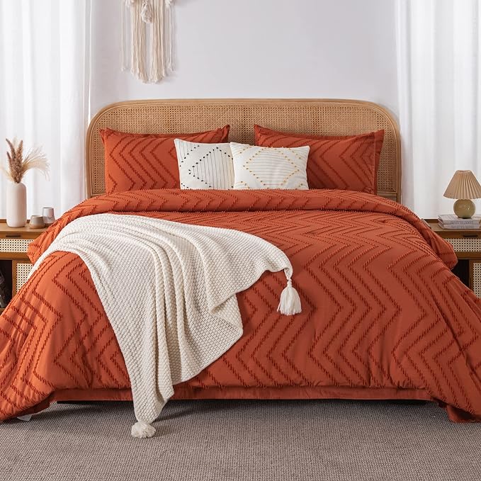 Litanika California King Comforter Set with Sheets Burnt Orange - 7 Pieces Bed in a Bag Cal King Boho Terracotta Bedding Sets Rust Lightweight Bed Set with Comforter, Sheets, Pillowcases & Shams