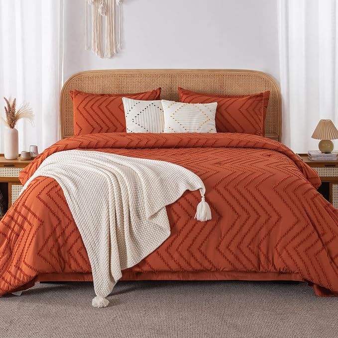 Litanika Oversized Queen Size Comforter Set with Sheets Burnt Orange - 7 Pieces Bed in a Bag Oversized Queen Boho Tufted Complete Bedding Sets with Comforter, Sheets, Pillowcases & Shams