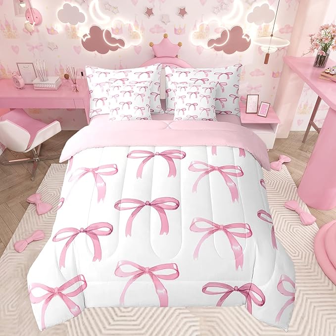 Feelyou Bow Bedding Set for All Season Boys Girls Twin Size Cute Bowknot 7 Pieces Comforter Sets for Kids Women Men Pink Girls Bow Bed in a Bag with Comforter, Sheets, Pillowcases & Cushion Cover