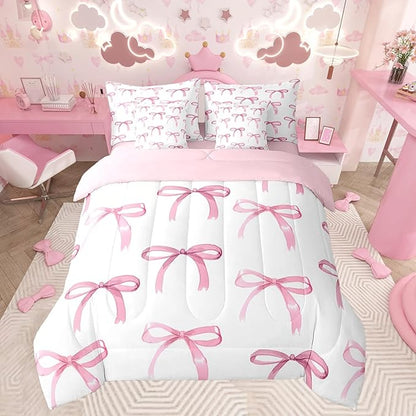 Feelyou Bow Bedding Set for All Season Boys Girls Twin Size Cute Bowknot 7 Pieces Comforter Sets for Kids Women Men Pink Girls Bow Bed in a Bag with Comforter, Sheets, Pillowcases & Cushion Cover