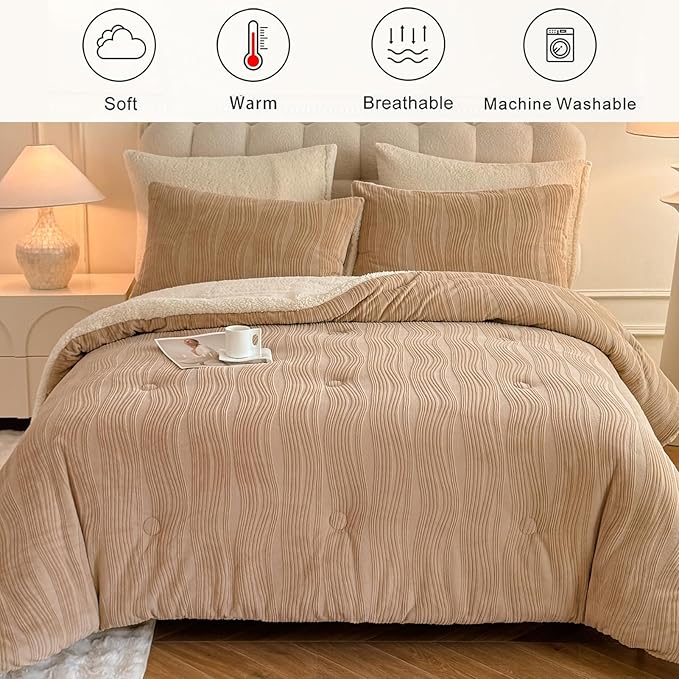 3D Striped Jacquard Sherpa Comforter Set Twin Size, Boho Geometric Pattern Quilt Bedding 2 Pieces Warm Cozy Fuzzy Comforter with 2 Pillowcases(68"X90" Beige)