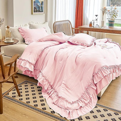 AIKASY Peach Pink Ruffle Comforter King, 3 Pieces Vintage Ruffle Fringe Comforter, Farmhouse Rustic Microfiber Down Alternative Bedding Comforter Set (1 Comforter + 2 Pillow Shams)