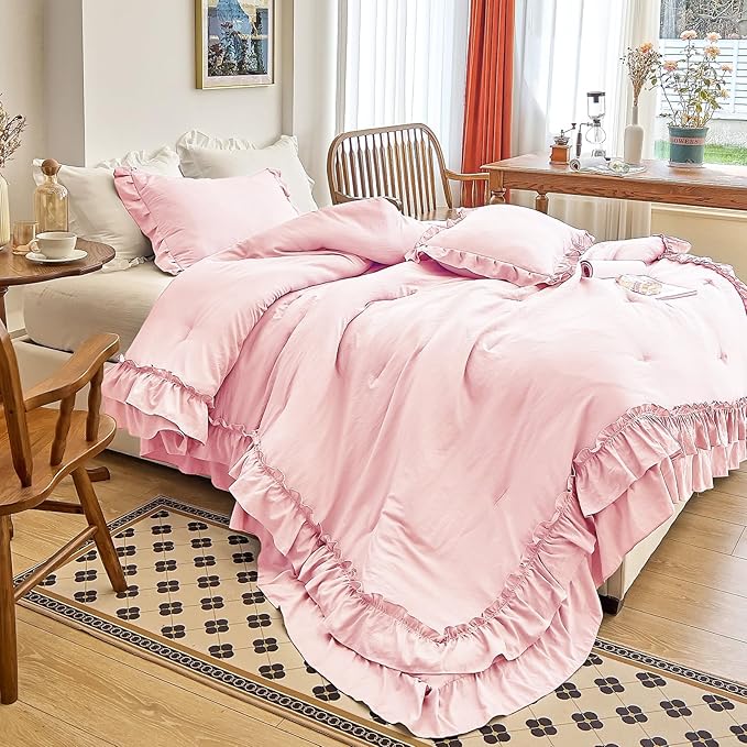 AIKASY Peach Pink Ruffle Comforter Twin, 3 Pieces Vintage Ruffle Fringe Comforter, Farmhouse Rustic Microfiber Down Alternative Bedding Comforter Set (1 Comforter + 2 Pillow Shams)