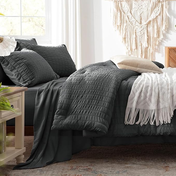 Zzlpp Full Comforter Set 7 Pieces, Dark Grey Seersucker Bed in a Bag with Comforter and Sheets, All Season Bedding Sets with 1 Comforter, 2 Pillow Shams, 2 Pillowcases, 1 Flat Sheet, 1 Fitted Sheet