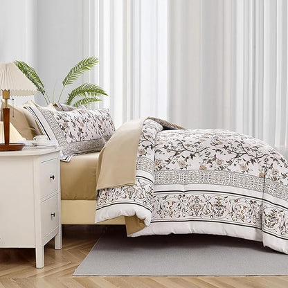 Dobuyly Brown King Size Comforter Set, Floral Botanical Bedding Set 7 Piece Bed in a Bag King, Soft Microfiber Flowers Bedding Comforter Sets with Sheets for All Season