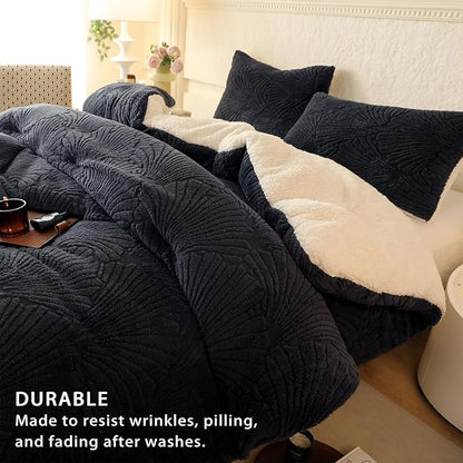 Seashell Jacquard Sherpa Comforter Set Warm Cozy Premium Bedding 3 Pieces, King Size Geometric Pattern Quilt Comfort er with 2 Pillowcases(104"X90" Grey)