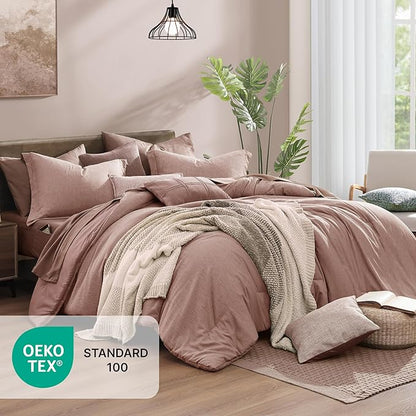 Monbix Full Size Comforter Set-7 Pieces Dusty Pink Cationic Dyeing Bed in a Bag Full Bedding Sets with Comforter, Sheets, Pillowcases & Shams, All Season Reversible Bedding Comforters
