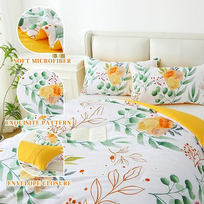 Queen Comforter Set Yellow 3 Pieces Bed in a Bag, Floral Bedding Sets Elegant Botanical Bed Set Lightweight Soft Comforter with 2 Pillowcases for All Season