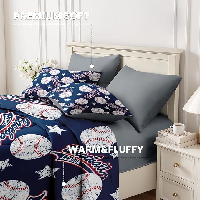 Nesker 7 Pcs Comforter Set Queen Size, Red White Blue Baseball Boys Bedding Set for Kids and Adults, Kids Vintage Ball Sports Sheets Bed Sheet Sets with Fitted Sheet 2 Pillowcases & 2 Shams