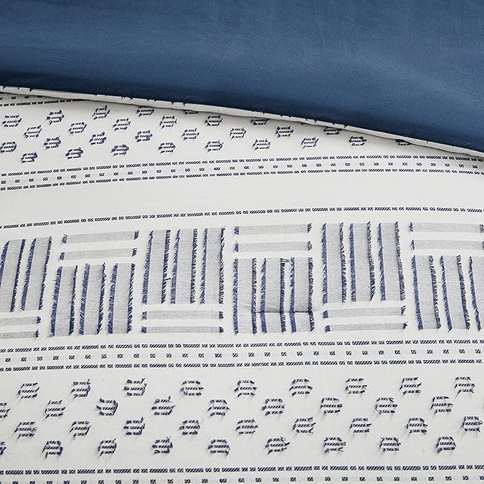 Hyde Lane Modern Navy Bedding, Blue King/Cal King Farmhouse Comforter Set, Cotton Top with Boho Style Clipped Jacquard Stripes 3-Pieces/W Matching Pillow Shams (104x90 inches, Navy)