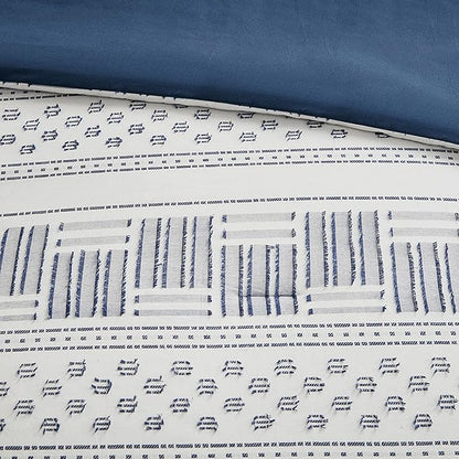 Hyde Lane Modern Navy Bedding, Blue Full/Queen Farmhouse Comforter Set, Cotton Top with Boho Style Clipped Jacquard Stripes, 3-Pieces Including Matching Pillow Shams (90 x 90 Inches)