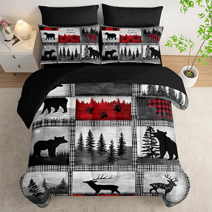 7 Piece Wildlife Bear Deer Queen Set Comforter，Rustic Cabin Queen Size Bedding Sets Comforter and Sheets