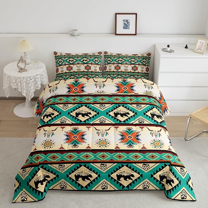 Erosebridal Black Bear Bedding Sets Exotic Bull Skull Western Comforter Set Queen,Ethnic Tribe Arrow Aztec Quilt Indian Tribal Geometric Diamond Triangle Duvet Insert,Bohemian Western Decor,Green