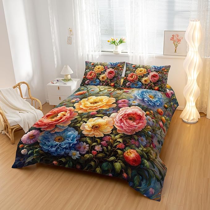Vintage 3D Flower Floral Comforter Set Full Size 3PCS,Colorful Flowers Pattern Bedding Set for Teen Adult,Floral Themed Room Decor Ultra-Soft Lightweight Microfiber with 2 Pillowcases