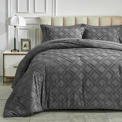 7 Pieces Tufted Bed in a Bag Queen Comforter Set with Sheets Dark Grey, Soft and Embroidery Shabby Chic Boho Bohemian, Solid Color with Diamond Pattern, Jacquard Tufts Bedding Set for All Season