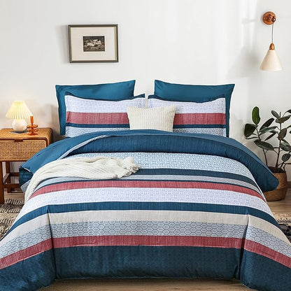 DJY Blue Comforter Set Queen Size,Boho Striped Queen Bed Set,7 Piece Patchwork Soft Microfiber Bedding Set for All Season(90"×90")