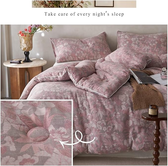 MKXI Double Layer Muslin Cotton Comforter Set Farmhouse Old Pink Floral Comforter Full Size Shabby Chic Bedding Comforter Set Soft Breathable French Country Bed Comforter for All Season