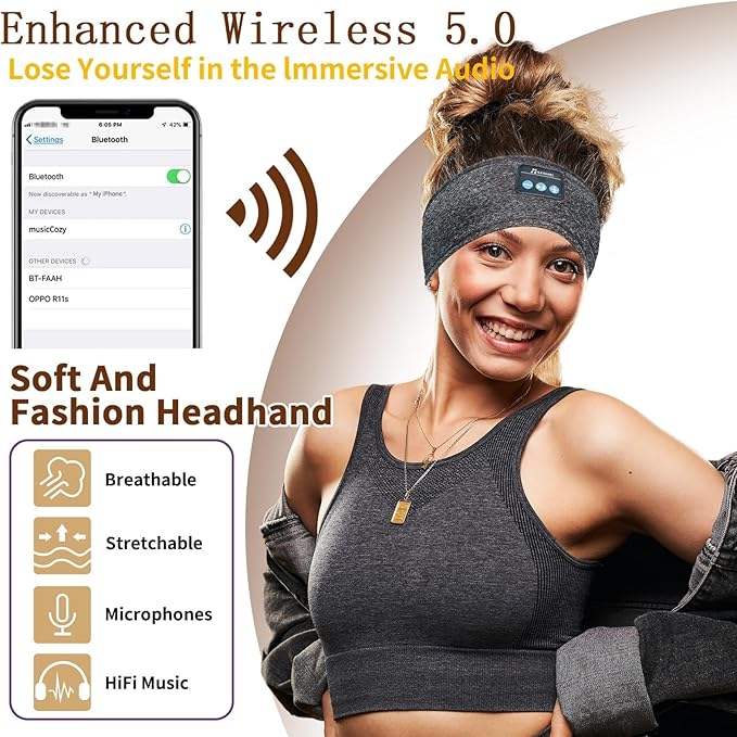 Bluetooth Headphones, Sleep Headphones Headband Wireless for Sleeping Side Sleepers - Adjustable Sleep Headphone, and Bluetooth Headbands for Women Men(Grey)