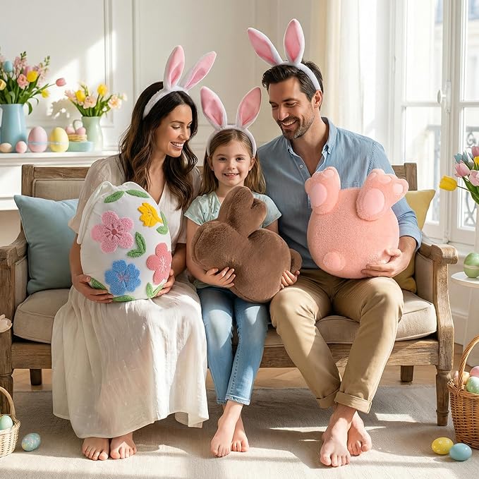 Lanpn Easter Shaped Throw Pillows Set of 3, Pink Egg with Feet Purple Bunny Soft Velvet Green Egg with Hands and Feet Rabbit Cushions for Sofa Couch Bedroom Spring Decor