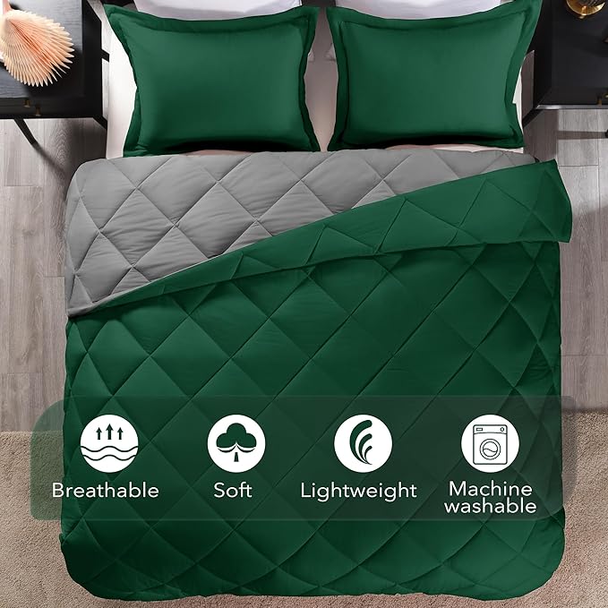 downluxe Twin Comforter Set - Dark Green and Grey Twin Comforter, Soft Bedding Sets for All Seasons -2 Pieces - 1 Comforter (66"x92") and 1 Pillow Sham(20"x26")
