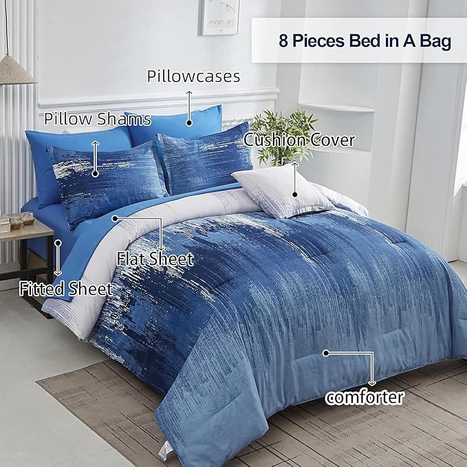 Ombre Blue Comforter Set King Size Reversible Gradient Blue Grey Boho Bedding Set for Men Women 8 Pieces Bed in A Bag Bohemian Bed Set With Comforter, Sheets, Pillowcases & Shams, Cushion Cover