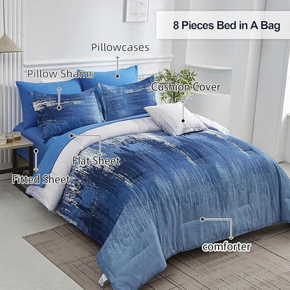 Dinjoy Ombre Blue Comforter Set Twin Size Reversible Gradient Blue Grey Boho Bedding Set for Men Women 7 Pieces Bed in A Bag Bohemian Bed Set with Comforter, Sheets, Pillowcases & Shams