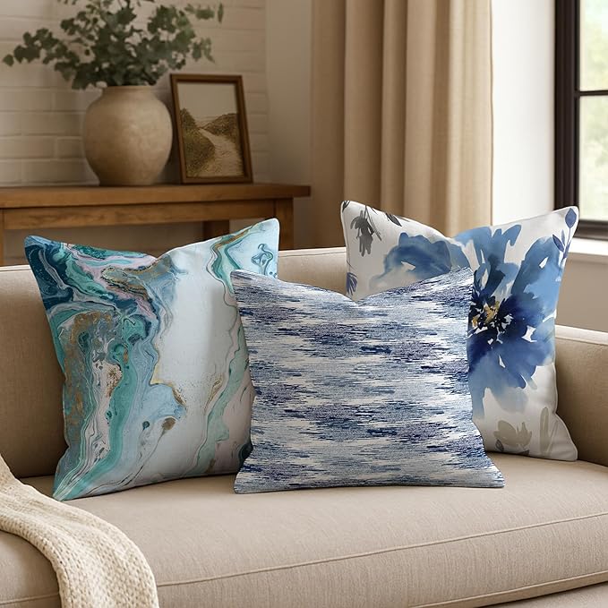 Americanflat 18x18 Throw Pillow with Sewn-in Insert - All-in-One Decorative Pillows - No Cover Needed - Soft and Durable Cushion for Bed or Sofa - Polyester - Blue and White