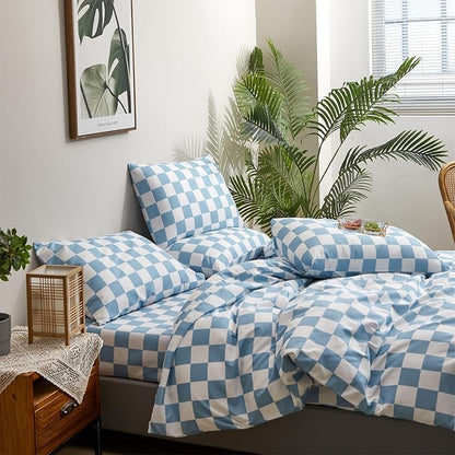 Pureant Blue and White Plaid Comforter Set King Blue Checkerboard Grid Bedding Comforter Sets Blue Buffalo Grid King Comforter for Women Men Soft Checkered Geomertic King Size Comforter Sets