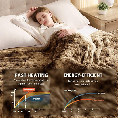 Homemate Electric Heated Blanket Queen Size - 84"x90" Heating Blanket Queen Size Dual Control 1/2/4/6/8 Hours Auto-Off 10 Heat Level Over-Heat Protection Luxury Faux Fur Sherpa ETL Certification