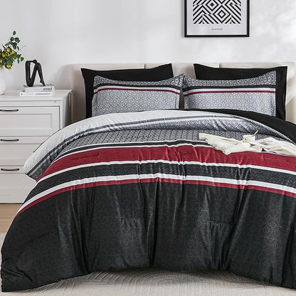 WONGS BEDDING 7 Pieces Comforter Set Queen Size, Black-red Striped Bed in a Bag Comforter and Sheet Set, Black Boho Soft Lightweight Micorfiber Bedding Set for All Season (90"×90")
