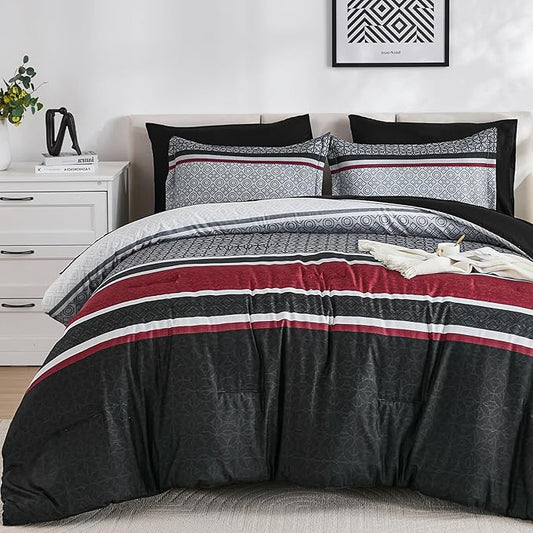 WONGS BEDDING 7 Pieces Comforter Set Queen Size, Black-red Striped Bed in a Bag Comforter and Sheet Set, Black Boho Soft Lightweight Micorfiber Bedding Set for All Season (90"×90")
