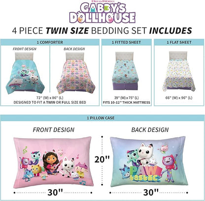 DreamWorks Gabby's Dollhouse Cakey, MerCat And Pandy Kids Bedding Super Soft Comforter And Sheet Set, 4 Piece Twin Size, By Franco