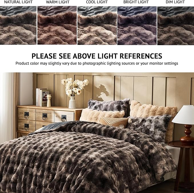 Lotus Karen Faux Fur Full Comforter Set – Tie-Dye Dark Gray Fluffy Comforter Full Size, Big Bubble Faux Rabbit Fur Bedding Comforter Sets, Cozy Fuzzy Bed Set 3 Pieces, 1 Comforter and 2 Pillowcases
