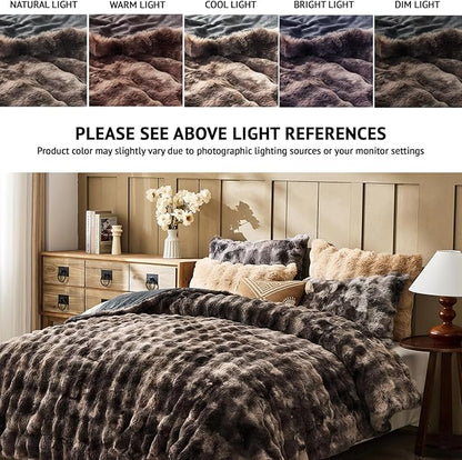 Lotus Karen Faux Fur Full Comforter Set – Tie-Dye Dark Gray Fluffy Comforter Full Size, Big Bubble Faux Rabbit Fur Bedding Comforter Sets, Cozy Fuzzy Bed Set 3 Pieces, 1 Comforter and 2 Pillowcases