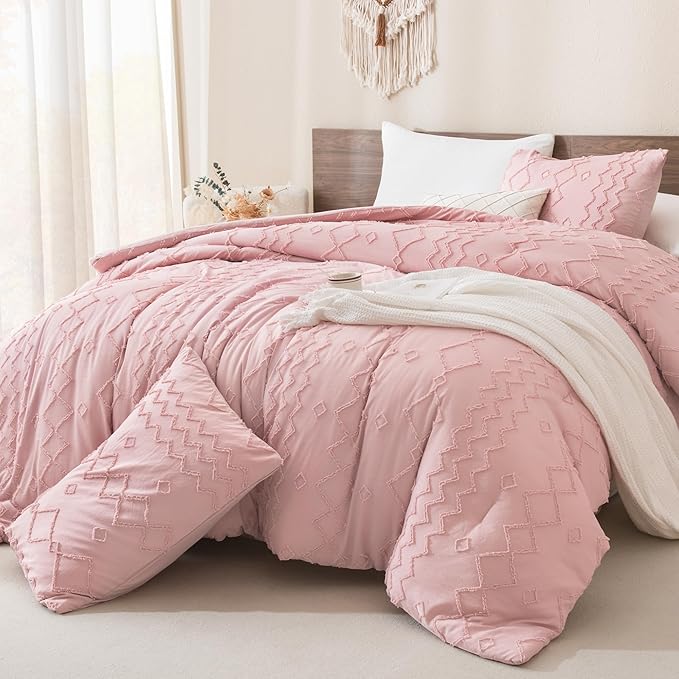 Andency Pink Tufted Comforter Set Queen(90x90Inch), 3 Pieces(1 Boho Comforter, 2 Pillowcases) Textured Farmhouse, Soft Microfiber Down Alternative Geometric Bedding Set