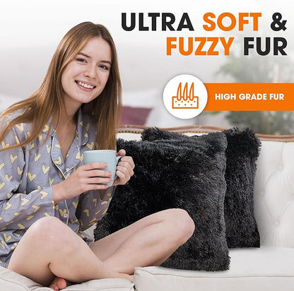 Cheer Collection Throw Pillows for Couch and Bed, Soft Shaggy Throw Pillows with Inserts Included, Cozy Long Hair Faux Fur Pillows - Set of 2-18" x 18" - Black
