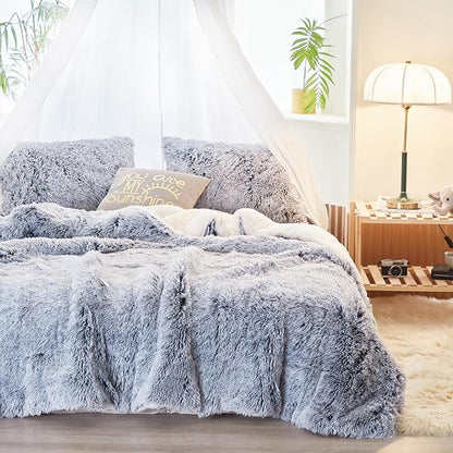 Luxury Faux Fur Shaggy Comforter Set Twin Size, Plush & Sherpa Reversible Comforter Grey with White, 3 Pieces Fluffy Fuzzy Bedding Set Ultra Soft and Warm for Winter (1 Comforter + 2 Pillowcases)
