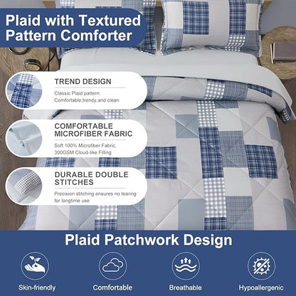Comforter Set Queen Size Plaid Patchwork Comforter Bedding-7 Piece Bed in a Bag,Soft Fluffy Reversible Microfiber Bedding Set(1 Comforter,1 Flat Sheet,1 Fitted Sheet,2 Pillowcases,2 Pillow Shams),Blue