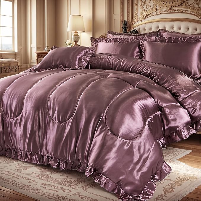 Silk Like Satin Comforter Set with Sheet Set King Size 8 Pieces Blush Pink Satin Bedding Set Silky Ruffle Pattern Home Deocr Luxury Silky Comforter Set with 1 Cushion Cover