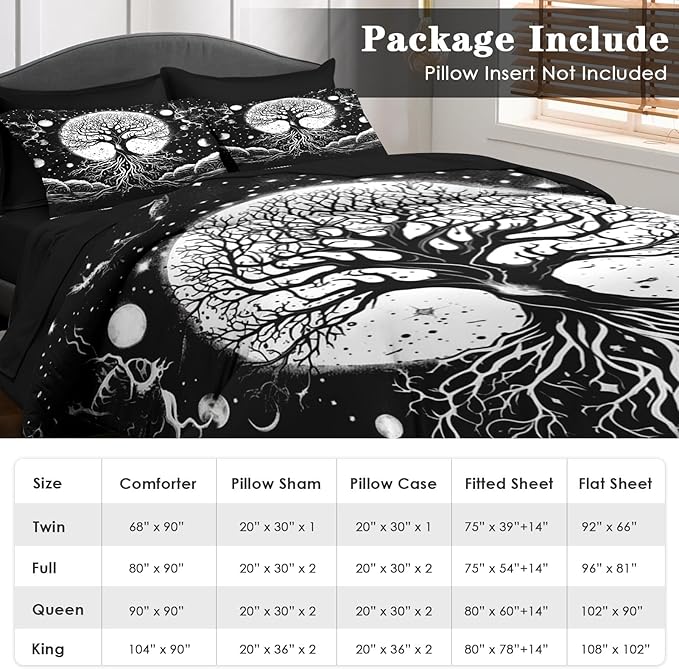 Comforter Set Full Size, Tree of Life Dark Magic 7 Pcs Bedding for Kids and Adults, Sun Moon Bed Sheet Sets with Fitted Sheet 2 Pillowcases & 2 Shams for Bedroom Bed Decor