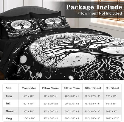 Comforter Set Full Size, Tree of Life Dark Magic 7 Pcs Bedding for Kids and Adults, Sun Moon Bed Sheet Sets with Fitted Sheet 2 Pillowcases & 2 Shams for Bedroom Bed Decor